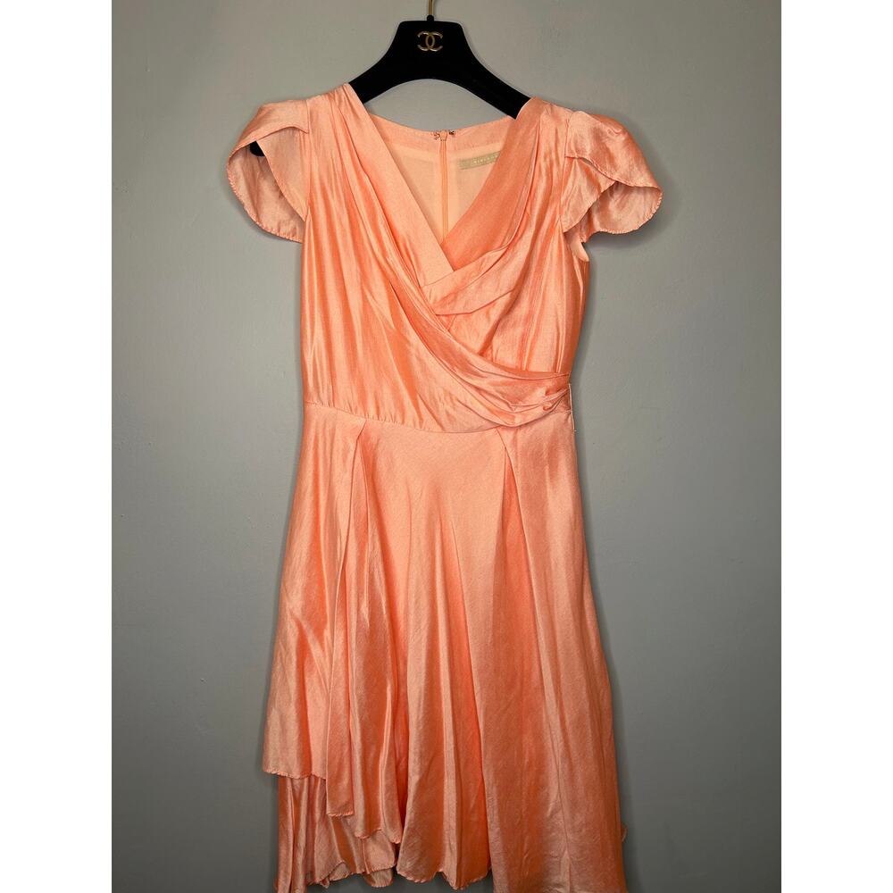 Minimum Salmon Peach Satin Asymmetric Draped Midi Dress Surplice V-Neck S